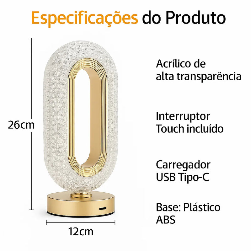 Luminária de Cristal Dourado Touch Sense | 3 Cores