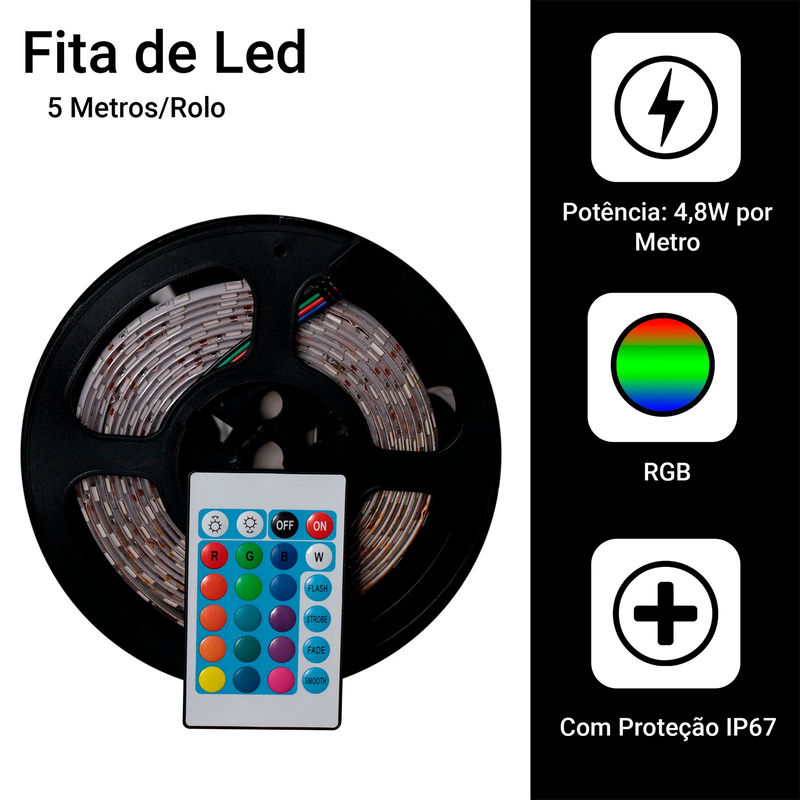 Fita LED Adesiva RGB Inteligente com Sensor de Som USB Bluetooth 5M
